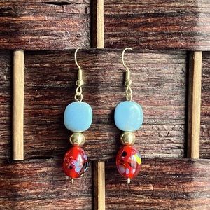 Dainty Blue and Red Bead Drop Earrings